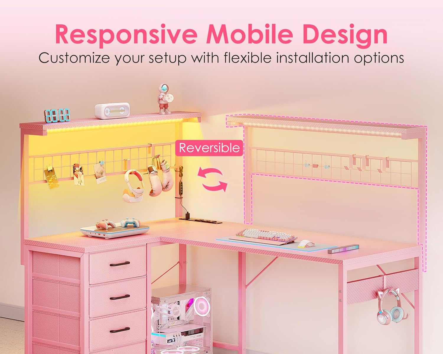 MOTPK L Shaped Gaming Desk with Drawers & LED Light & Power Outlet, 43" Reversible Computer Table with Shelves & Hooks for Home Office, Carbon Fiber Pink