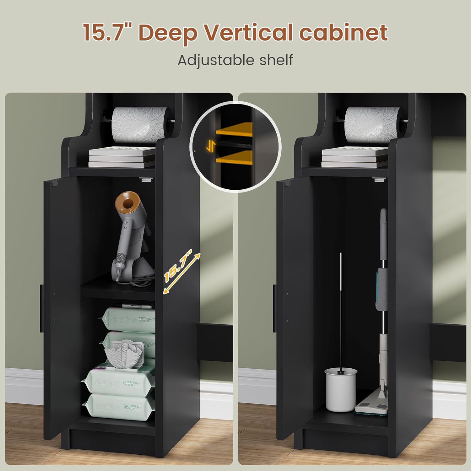 Itaar Arched Over The Toilet Storage Cabinet, 78.7" H Fluted Bathroom Organizer with Reversible Side Cabinet, Adjustable Shelves, Anti-Tipping, Hooks & Paper Holder for Bathroom Laundry Room, Black