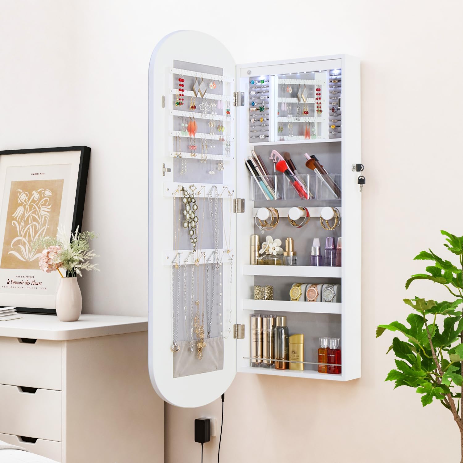 LED Jewelry Cabinet Wall/Door Mounted,RGB Lighted Mirror Jewelry Armoire Organizer Over the Door Full-Length Lockable Rounded Wide Mirror with Storage Interior Mirror Gift for Her Chrismas White