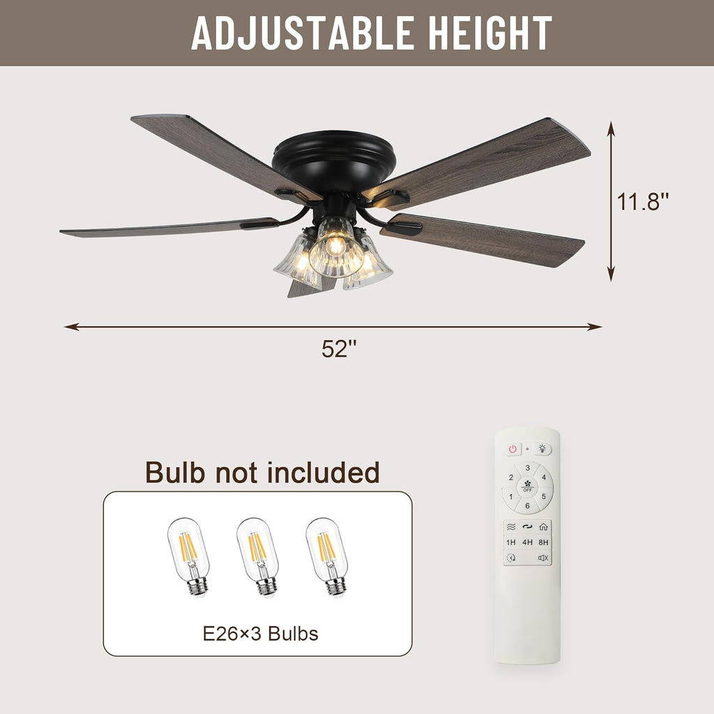52'' Flush Mount Ceiling Fans with Lights and Remote Control,Reversible DC Motor,5 Reversible Blade,6 Speeds,Rustic Farmhouse Ceiling Fan for Living Room,Dining Room,Bedroom