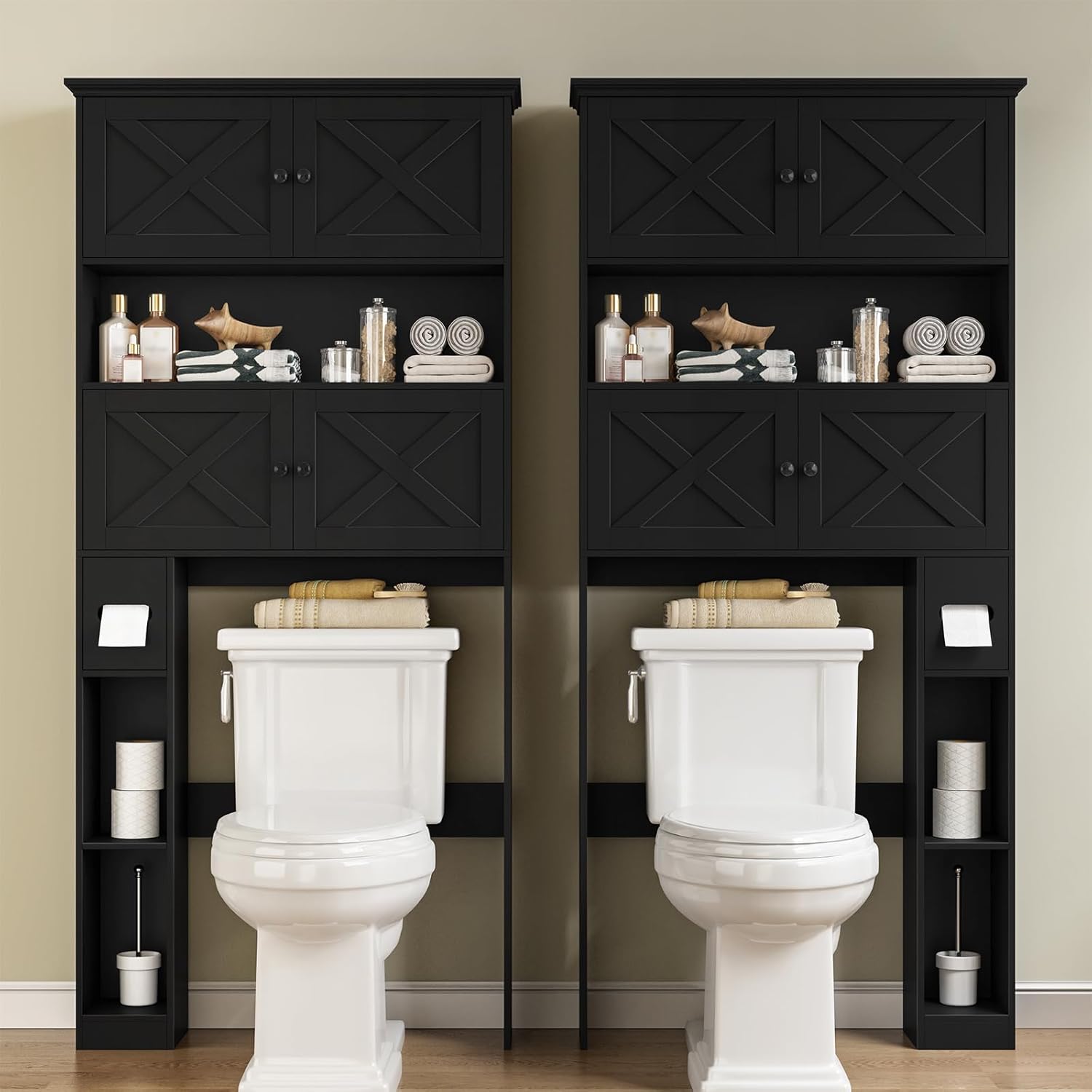 Halitaa Over The Toilet Storage Cabinet, Farmhouse Storage Cabinet Over Toilet with 4 Barn Doors & Toilet Paper Holder Stand, Black Toilet Shelf Home Space Saver for Restroom, Bathroom, Laundry