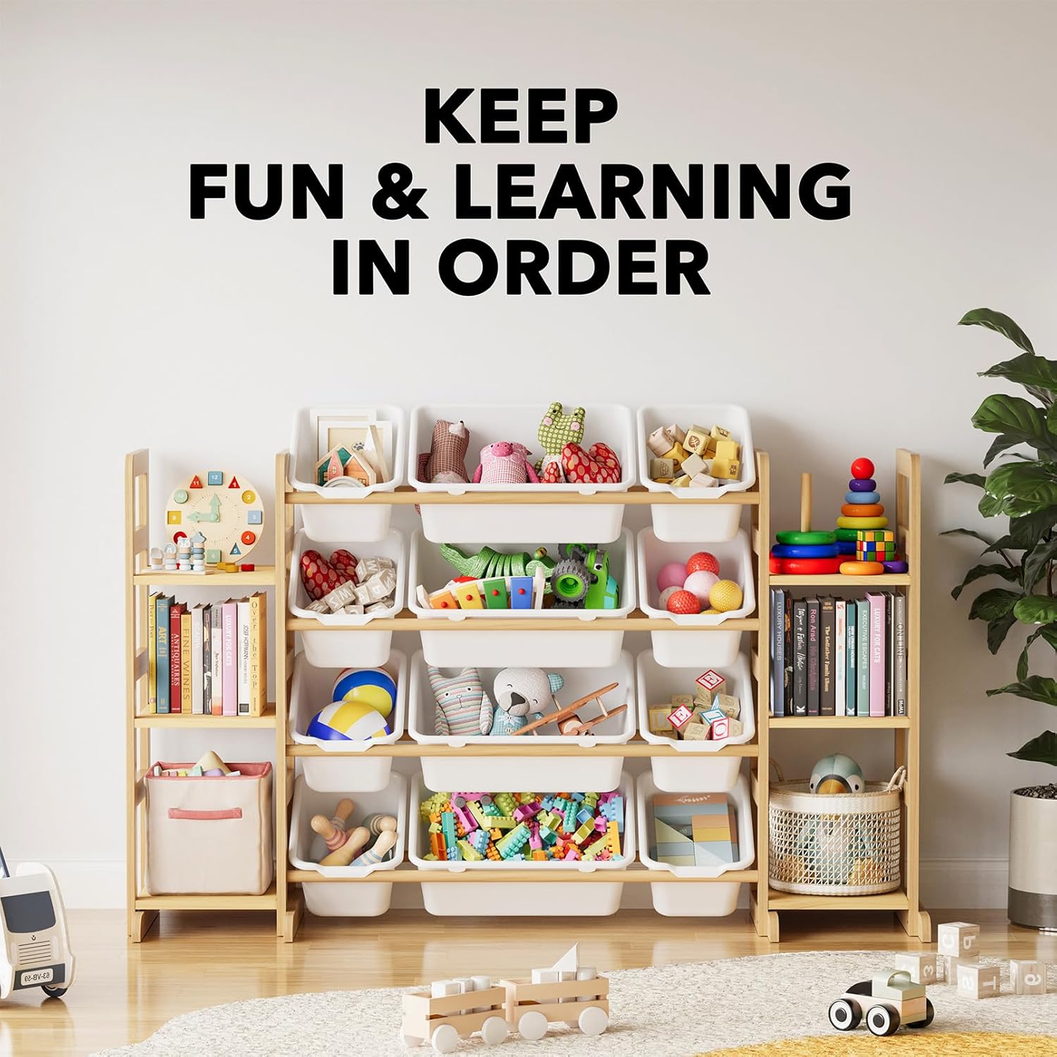 SpaceAid Toy Storage Organizer with 6 Shelves and 12 Bins, Bookshelf/Bookcase, Kids Bin Shelf, Toys Box for Playroom Organization for Bedroom & Room Decor, White, 52.3" W