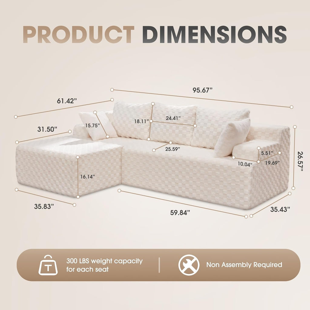 Hobestluk Modular Sectional Sofa Couches L-Shape Couch 3 Seat Modular Sofa Memory Foam Sectional Couches for Living Room, Cloud Couch with Oversized Chaise (96" Left Facing Chaise)