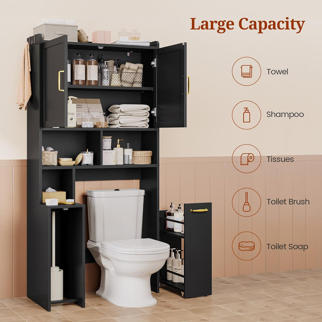 UPOSOJA Over The Toilet Storage Cabinet with Pulley Small Bathroom Storage Cabinet, Space Saver W/Adjustable Shelf & Open Shelf for Bathroom, Restroom, Laundry (Black)