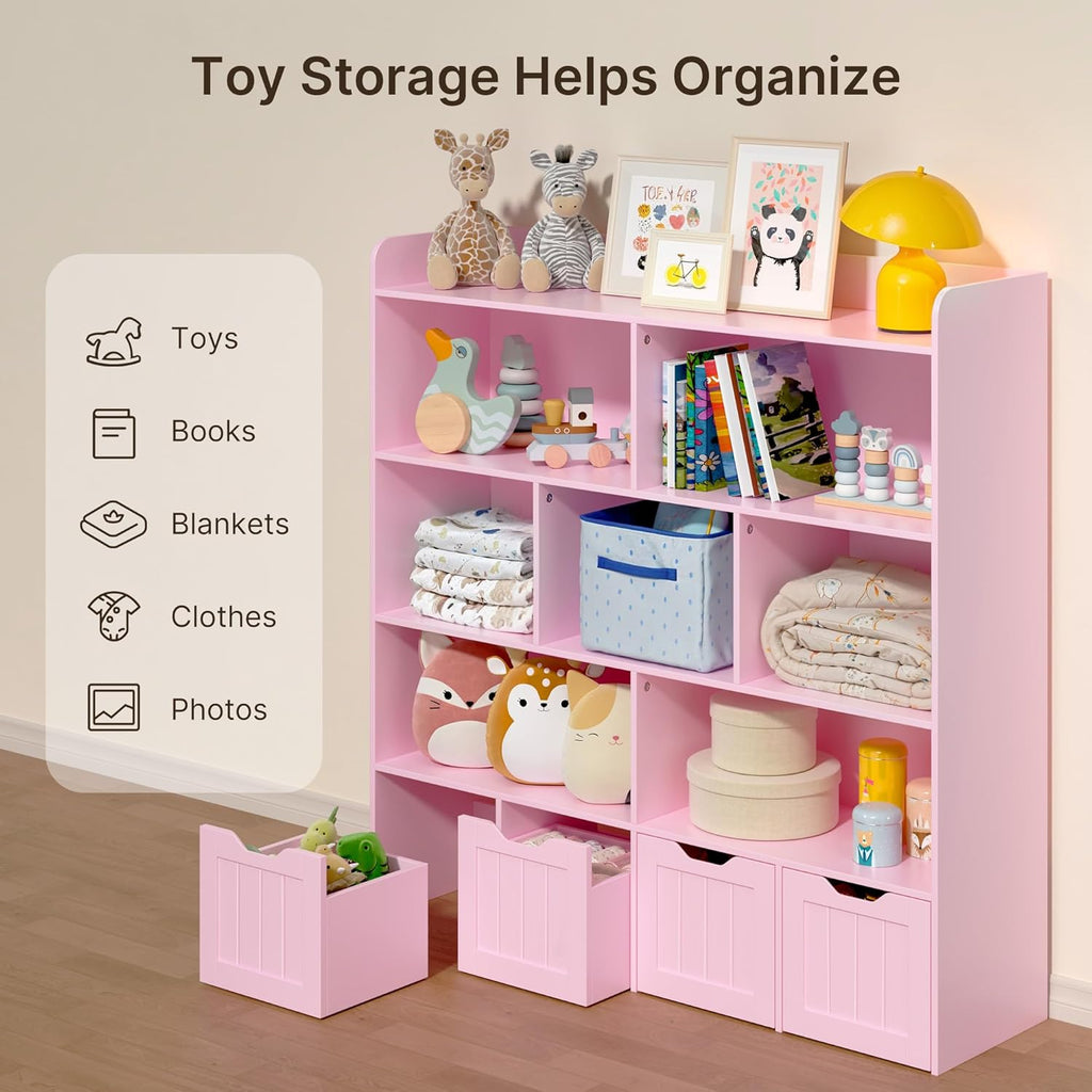 Gizoon Toy Storage Cabinet and Kids Bookcase with 4 Movable Drawers and 8 Open Shelves Toy Chest Shelf Organizer with Hidden Wheels for Playroom Nursery Kids Room, Pink