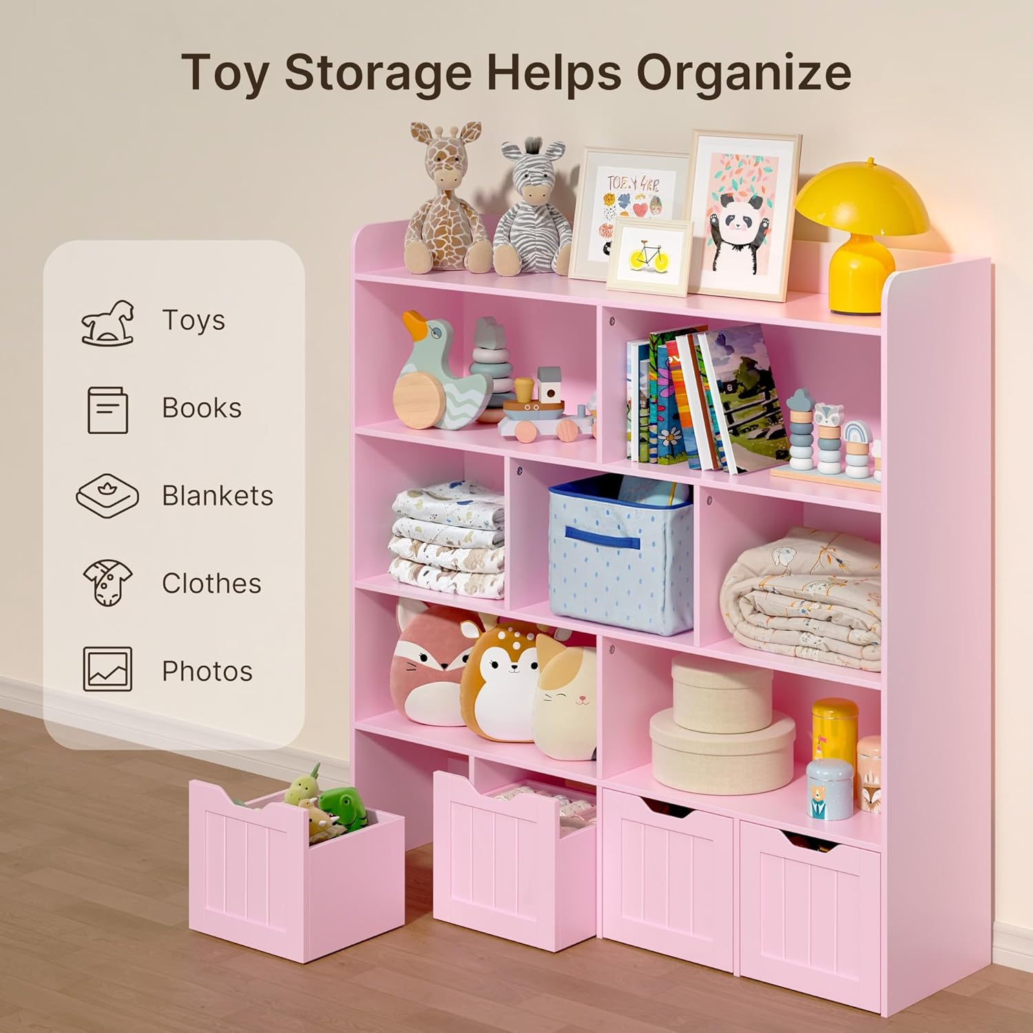 Gizoon Toy Storage Cabinet and Kids Bookcase with 4 Movable Drawers and 8 Open Shelves Toy Chest Shelf Organizer with Hidden Wheels for Playroom Nursery Kids Room, Pink