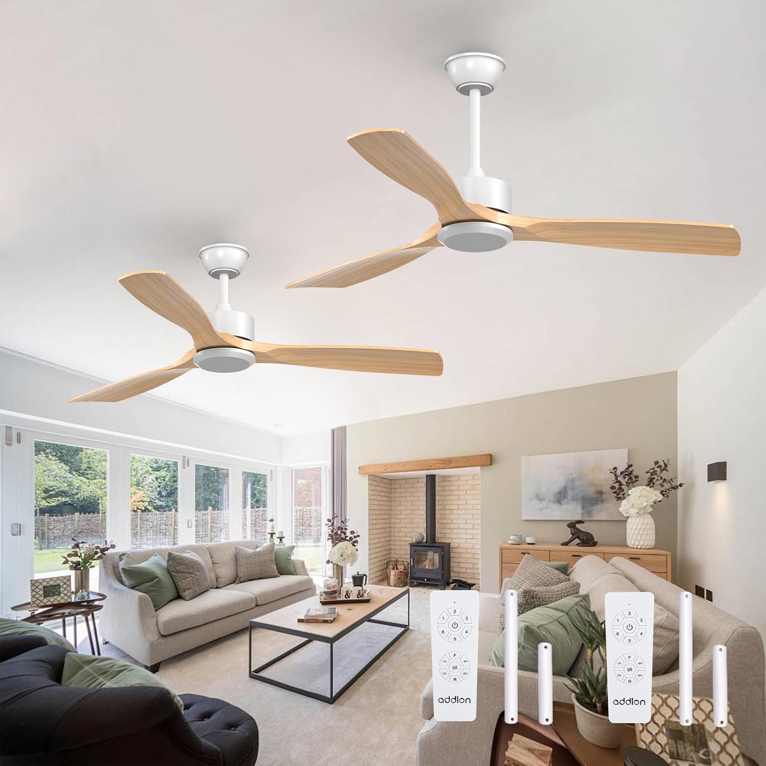 addlon 2 Pack 52 inch Ceiling Fan No Light, White Ceiling Fans with Remote Control, Reversible, 3 Wood Blades, 6 Speeds, Noiseless, Wood Ceiling Fan without Light for Indoor/Outdoor Use