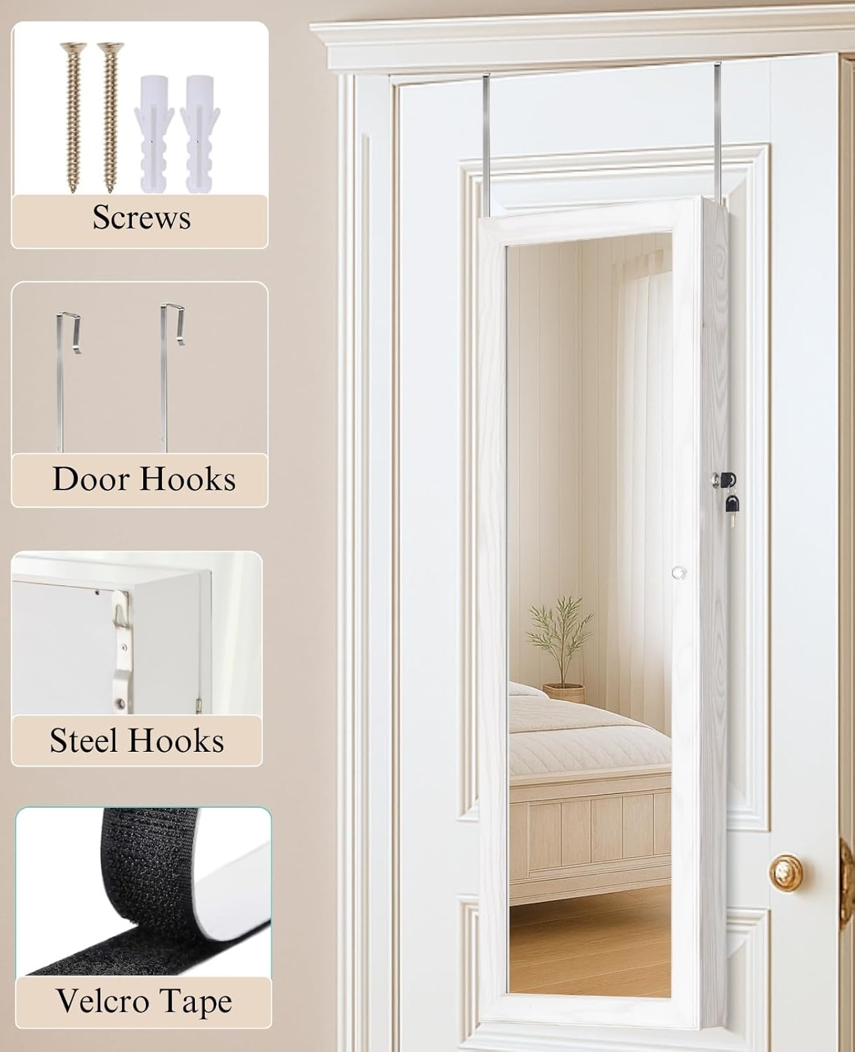 BTEXPERT 47" Mirror Jewelry Cabinet Armoire with 6 LED Lights, Large Full Length Jewelry Organizer with Storage, Wall-Mounted or Door-Hanging Mirror Cabinet, Dove White, Lock Key