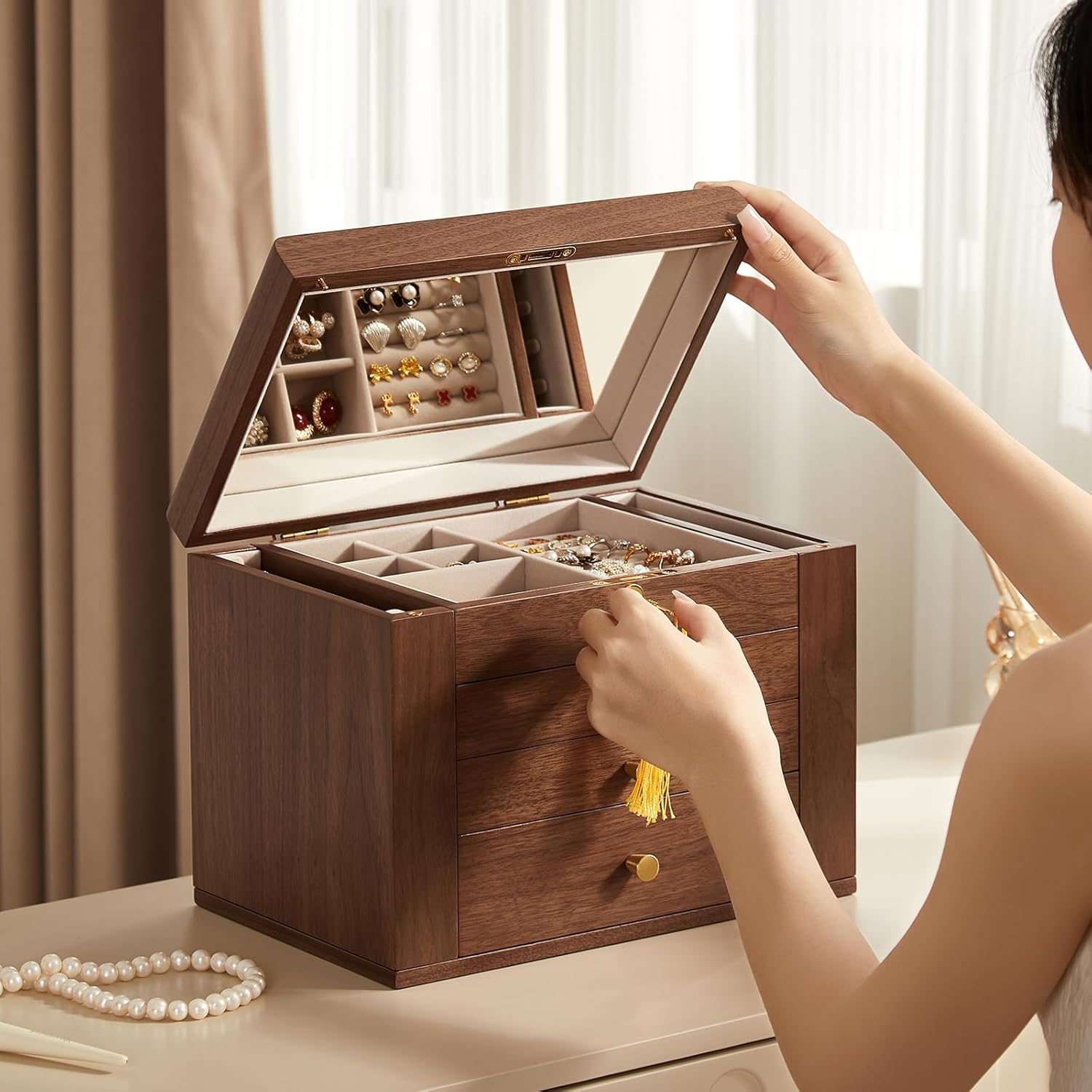 CHOSIN Black Walnut Wooden Jewelry Box, 4 Layer Lockable Wood Jewelry Organizer with Mirror, Side Doors & Brass Handle, Classical Design for Rings, Necklaces, Earrings, Mothers Day Gifts for Mom
