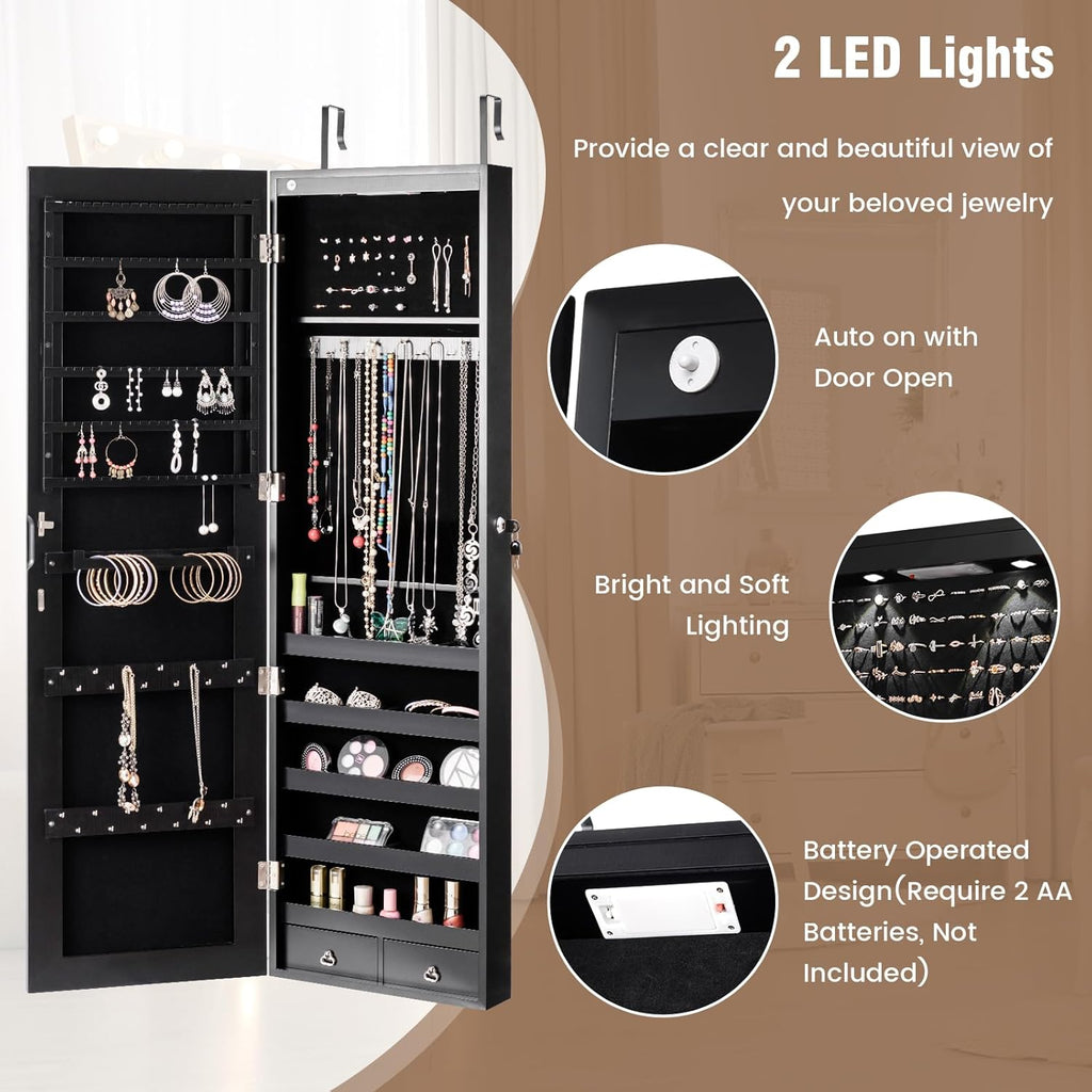 LOKO Mirrored Jewelry Armoire, Wall/Door Mounted Jewelry Cabinet with Full-Length Mirror, Lockable Jewelry Storage Organizer with 2 Drawers & 2 LED Lights, for Girls Women Gift Bedroom (Black)