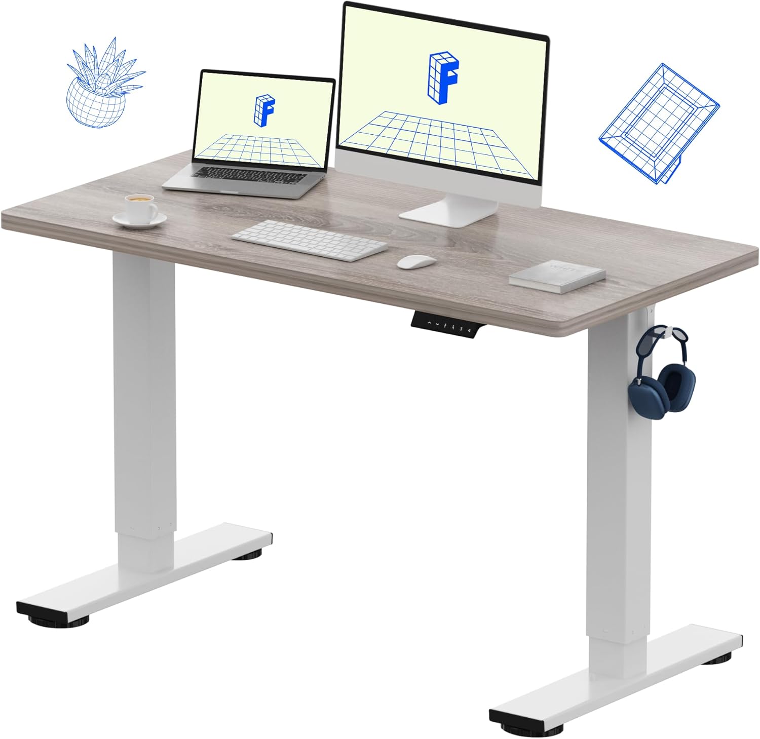 FLEXISPOT EN1 One-Piece Standing Desk with 1-Inch Thick Seamless Desktop, 48"x24" Electric Height Adjustable Desk for Home Office, Multi-Monitor Setups & Easy Assembly, Gray Wood