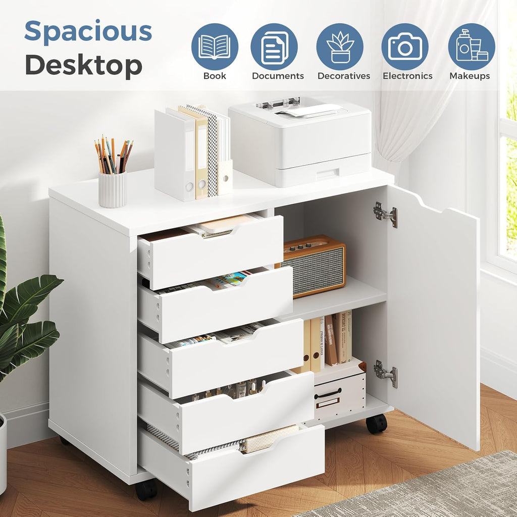DUMOS 5 Drawer File Cabinet Office Drawers Organizer with Wheels Rolliing, Under Desk Cabinets with Shelves and Door Printer Stand with Wood Board Metal Frame for Home Office Storage Craft Room, White