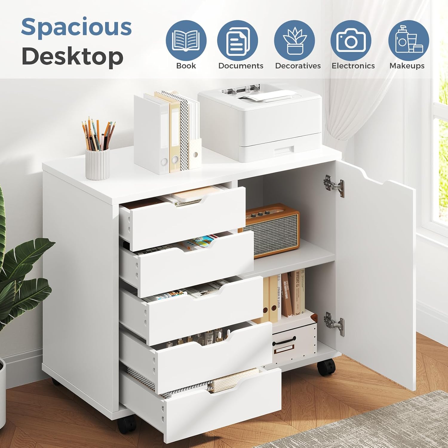 DUMOS 5 Drawer File Cabinet Office Drawers Organizer with Wheels Rolliing, Under Desk Cabinets with Shelves and Door Printer Stand with Wood Board Metal Frame for Home Office Storage Craft Room, White