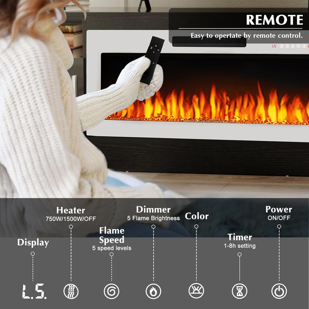 Lemberi Fireplace tv Stand with 36 inch White Fireplace Up to 80" TVs,LED Light Entertainment Center and Storage, 70" Modern Wood Media TV Console with Highlight Cabinet for Living Room