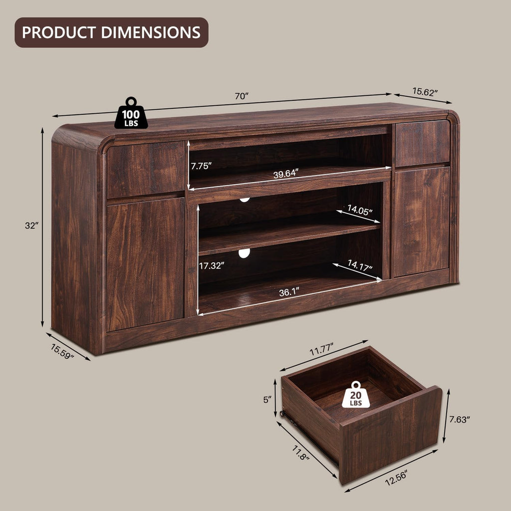 Modern TV Stand for 80 Inch TVs, 32"Tall Entertainment Center w/Storage Cabinet& drawers, Media Console Cabinet w/Soundbar & Adjustable Shelves for Living Room, Curved Profile Design, 70 inch (Brown)