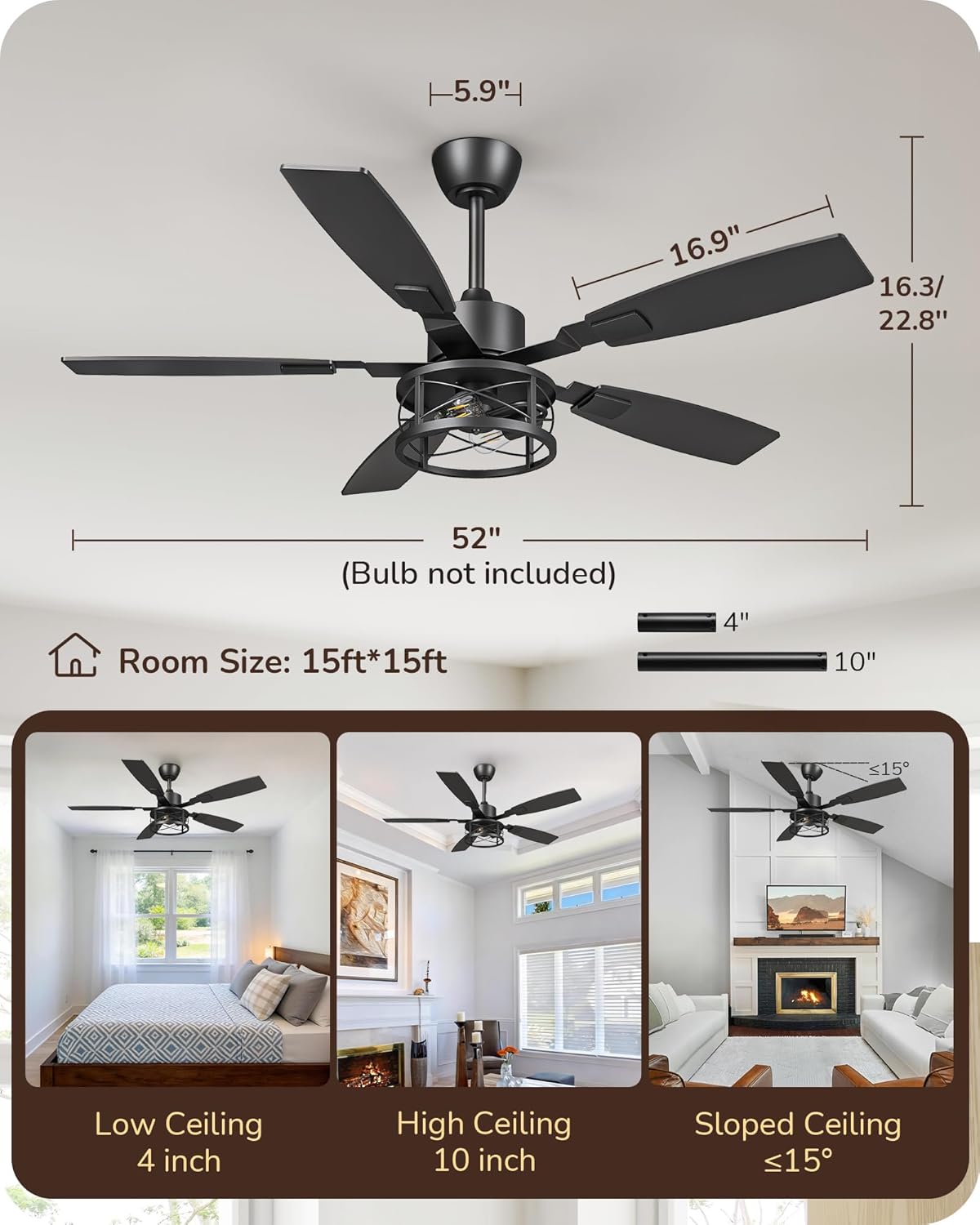 EDISHINE 52" Farmhouse Ceiling Fans with Lights and Remote, 10%-100% Dimmable, 6 Speeds, 5 Wood Blades, Reversible DC Motor, Timer, Quiet, Rustic Caged Fandelier Ceiling Fan for Bedroom Living Room