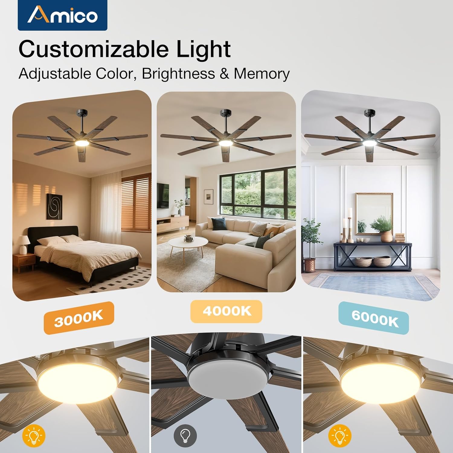 Amico Ceiling Fans with Lights,66 inch Walnut Ceiling fan with Light and Remote, 6 Speed Reversible DC Motor, 3CCT, Dimmable, Quiet, Timer, Outdoor Ceiling Fans for Patios, Indoor/Outdoor