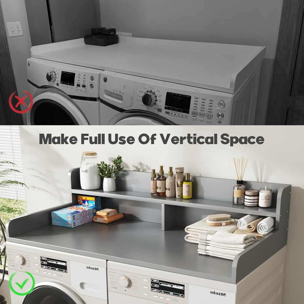 2-Tier Washer and Dryer Countertop with 2.75" H Guard,54" W x 27.5" D Laundry Countertop Cover with Non-Slip Pad,Large Space Laundry Topper for Folding Clothes Over Washer and Dryer-Gray