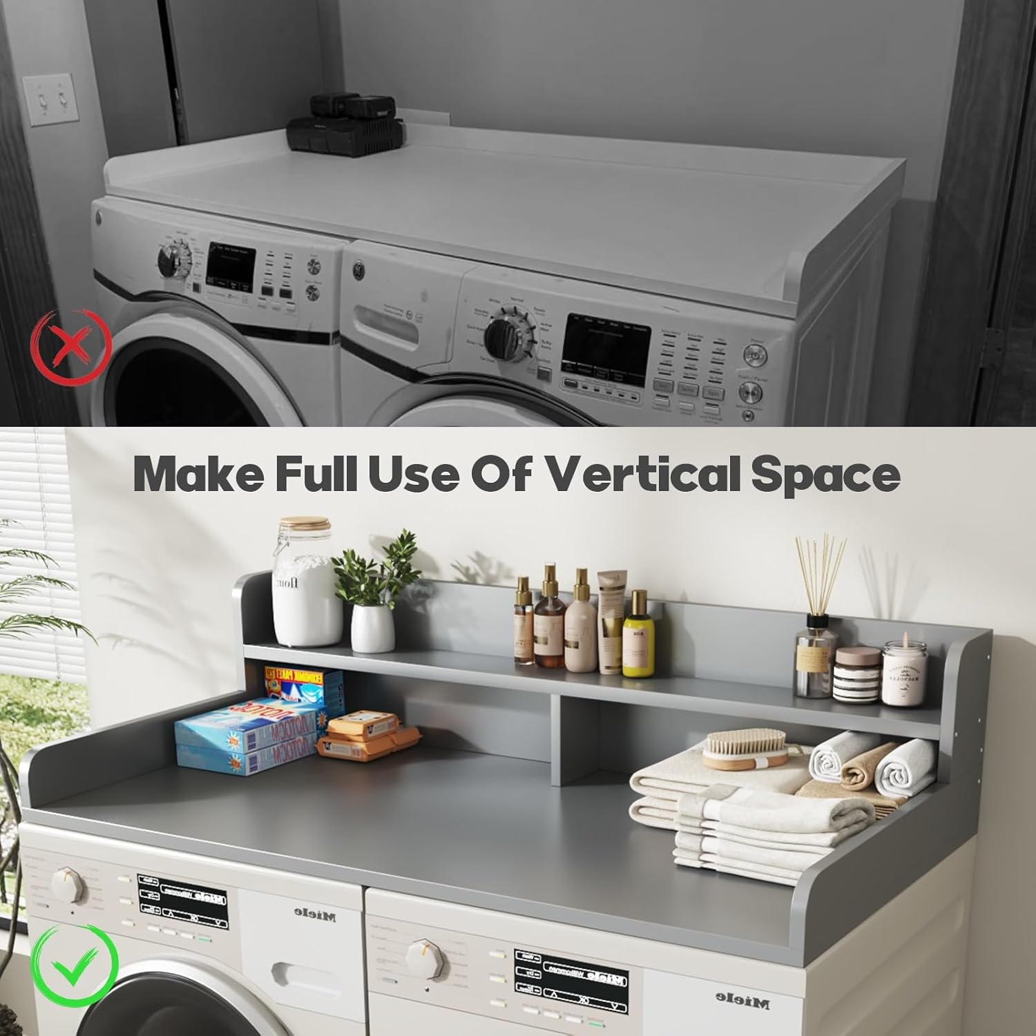 2-Tier Washer and Dryer Countertop with 2.75" H Guard,54" W x 27.5" D Laundry Countertop Cover with Non-Slip Pad,Large Space Laundry Topper for Folding Clothes Over Washer and Dryer-Gray