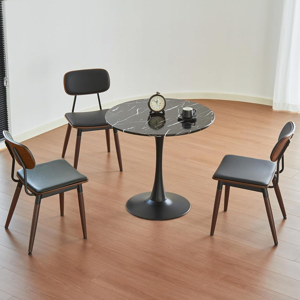 Round Dining Table, 31.5" Circle Tulip Table with Thickened Tabletop & Metal Pedestal, Mid Century Modern Bistro Table for Kitchen, Small Places, Living Room, Cafe (Marble Pattern Black)