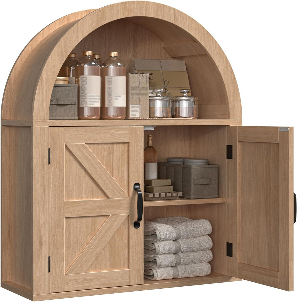 Halitaa Arched Bathroom Wall Cabinet, Farmhouse Medicine Cabinet with Barn Door and with Adjustable Shelf, 23.6 x 28.7'' Wooden Storage Cabinet Wall Mounted for Bathroom Laundry Room Kitchen, Natural
