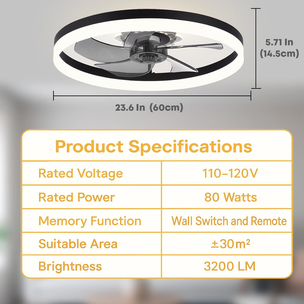 Fszdorj 23.6'' Ceiling Fan with Light, Upgraded Low Profile Fan, Flush Mount Ceiling Fan, 6 Speeds, Dimmable LED, App & Remote Control, Quiet DC Motor, for Bedroom, Living Room, F115 Black