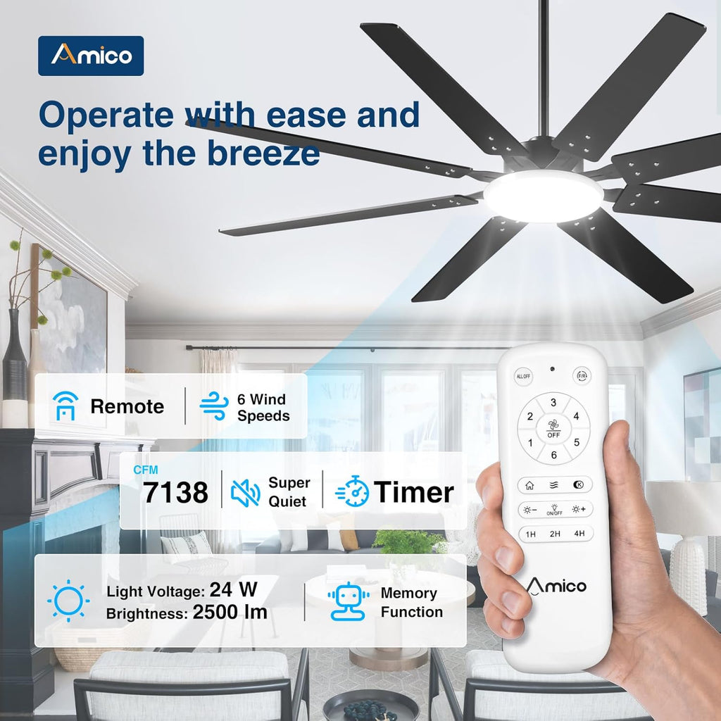 72 inch Ceiling Fans with Lights,Large Ceiling Fan with Light and Remote Control, Dimmable, 3CCT, Quiet, Black Modern Ceiling fan For Living Room, Bedroom, Kitchen, Patio, Farmhouse, Indoor/Outdoor