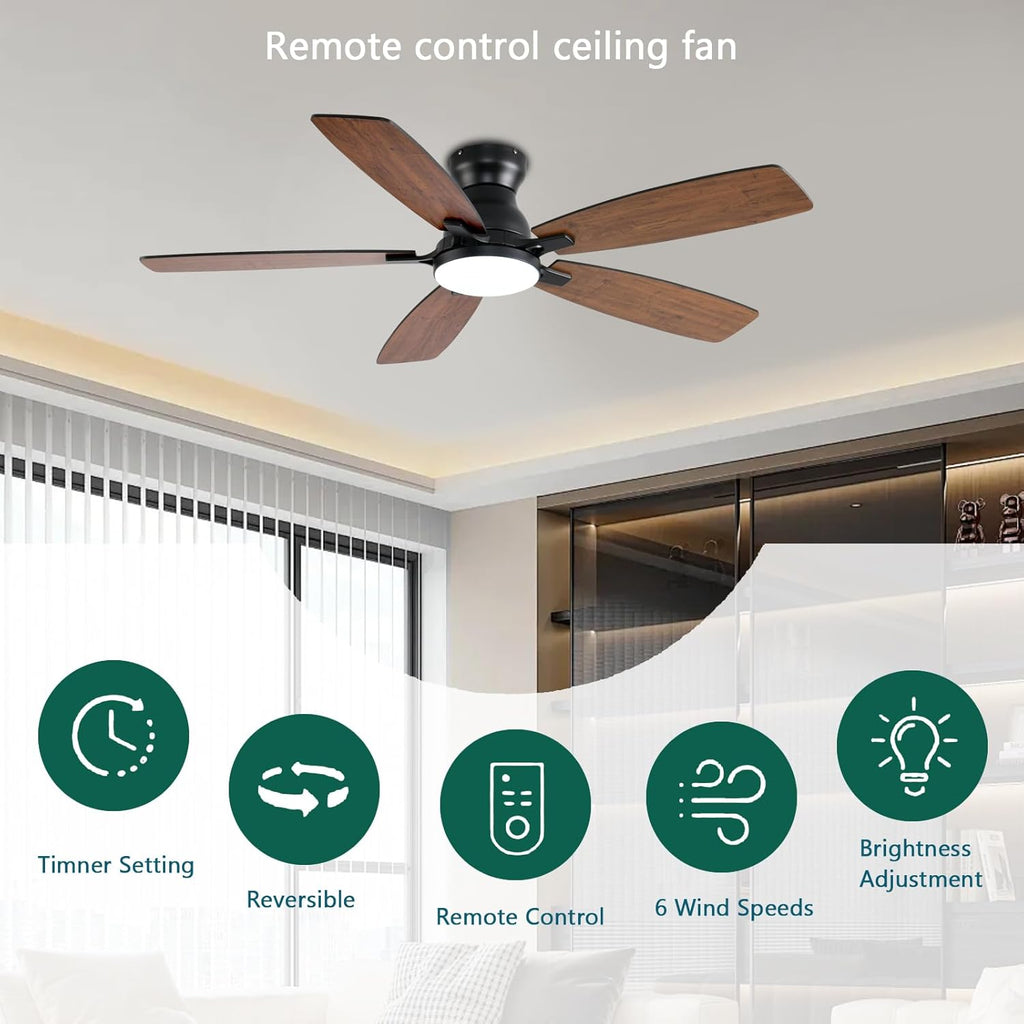NKPU Ceiling Fans with Lights, Low Profile Ceiling Fan with Light and Remote/APP Control, DC Motor, Noiseless, Flush Mount, 52inch Brown Ceiling Fan for Bedroom Indoor/Outdoor Use