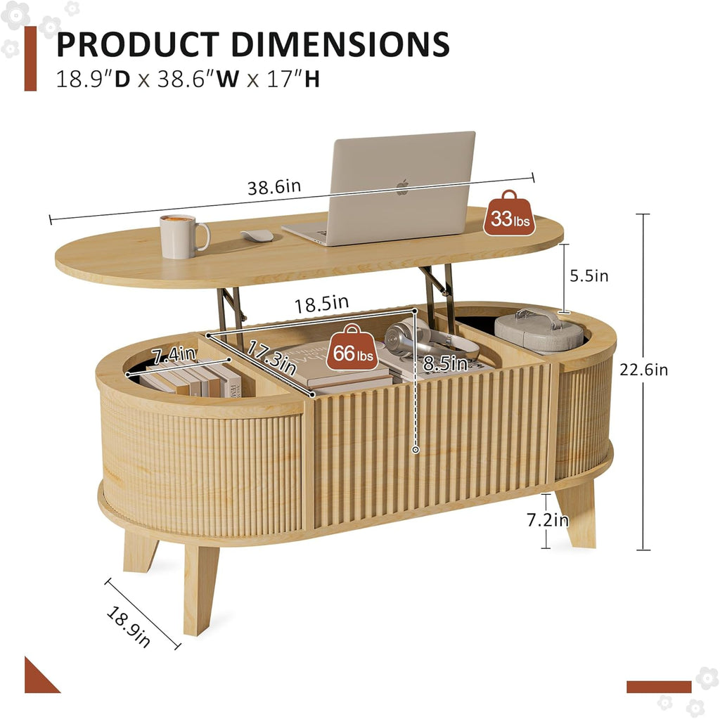LYNCOHOME Fluted Lift Top Coffee Table with Storage,Modern Oval Coffee Table for Living Room Or Home Office（Natural）