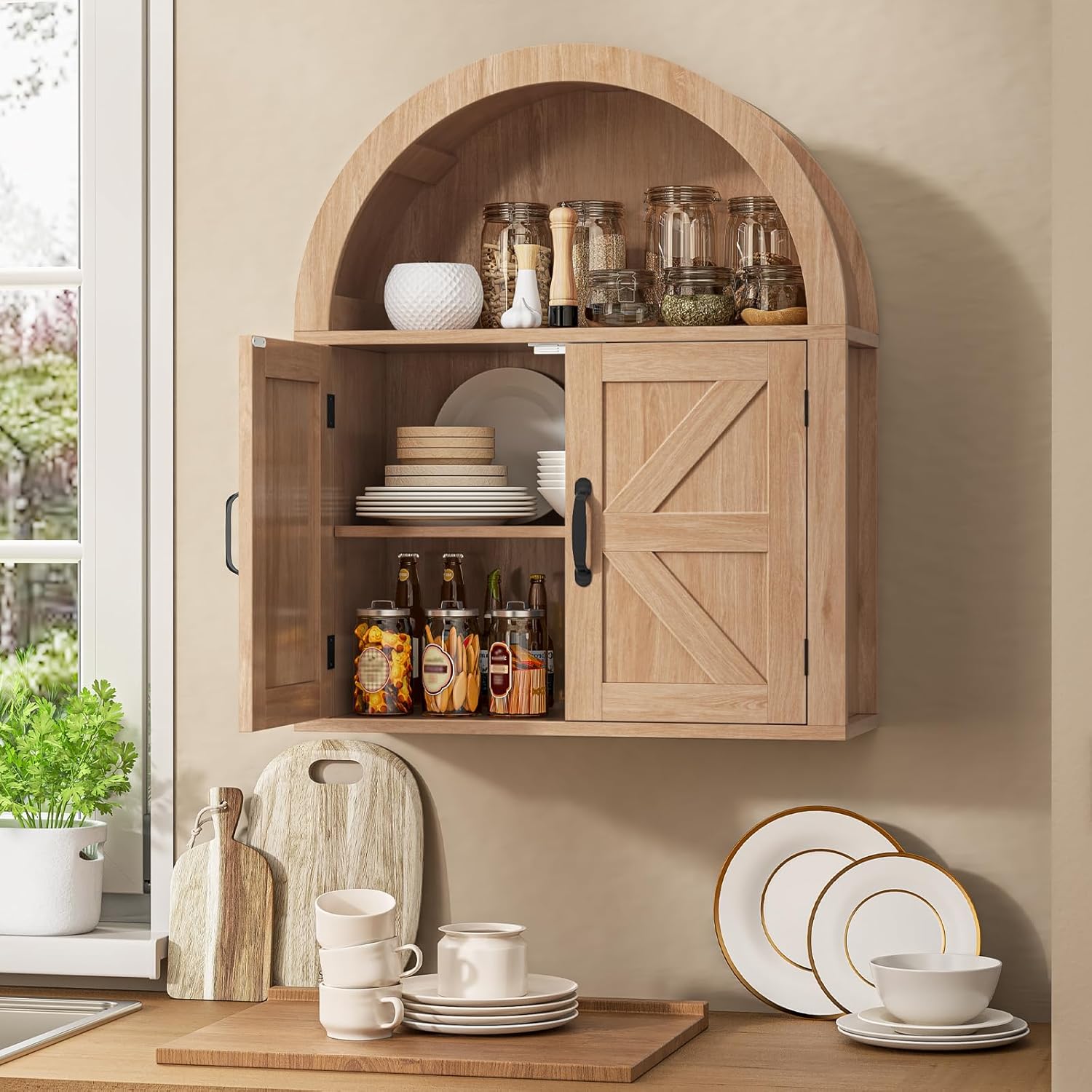 Halitaa Arched Bathroom Wall Cabinet, Farmhouse Medicine Cabinet with Barn Door and with Adjustable Shelf, 23.6 x 28.7'' Wooden Storage Cabinet Wall Mounted for Bathroom Laundry Room Kitchen, Natural