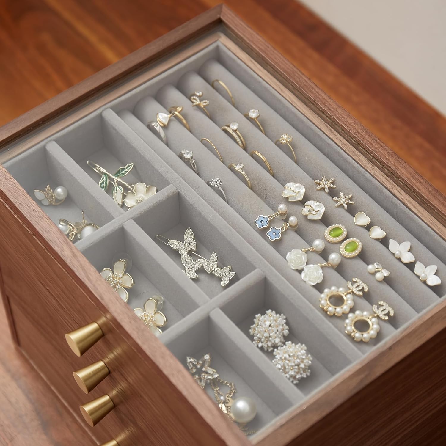 Black Walnut Jewelry Organizers and Storage,4 Layer Wooden Jewelry Boxes for Women,for Necklaces Ring Earring (4 Layer)
