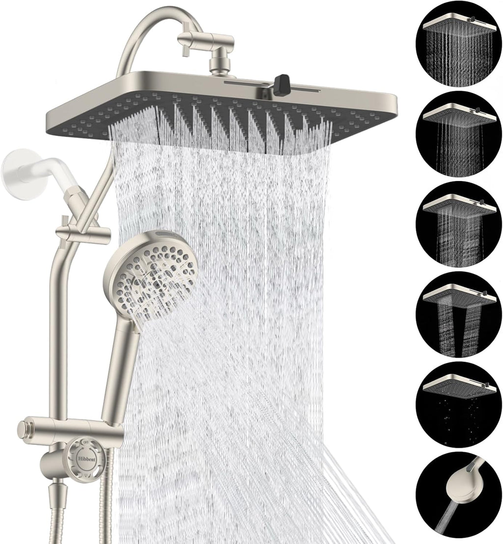 Hibbent cUPC Certified 13'' Shower Head Combo, High Pressure 5 Spray Rainfall Showerhead, 10 Spray Handheld, All Metal Easy Reach 4-way Diverter Arm with Pause Mode, 71'' Hose & Holder, Brushed Nickel