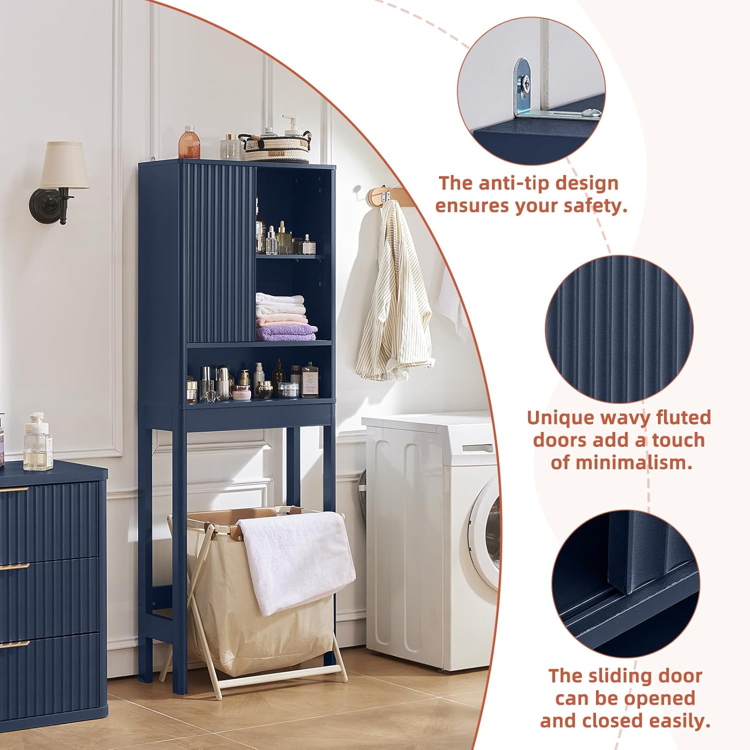 LEYAOYAO Fluted Over The Toilet Storage Cabinet & Bathroom Wall Cabinet Set of 2, Farmhouse Above Toilet Organizer, Medicine Cabinet w/Adjustable Shelf & Doors for Laundry Living Room Kitchen(Blue)