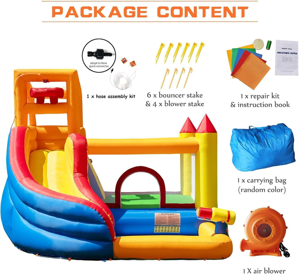 HuaKastro Inflatable Water Slide Bounce House for Kids with Pool, 5-in-1 Indoor/Outdoor Blow Up Play Center for Climbing, Sliding, Jumping & Splashing Fun, Blower Included