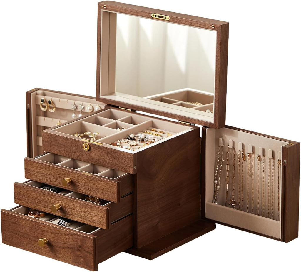 CHOSIN Black Walnut Wooden Jewelry Box, 4 Layer Lockable Wood Jewelry Organizer with Mirror, Side Doors & Brass Handle, Classical Design for Rings, Necklaces, Earrings, Mothers Day Gifts for Mom