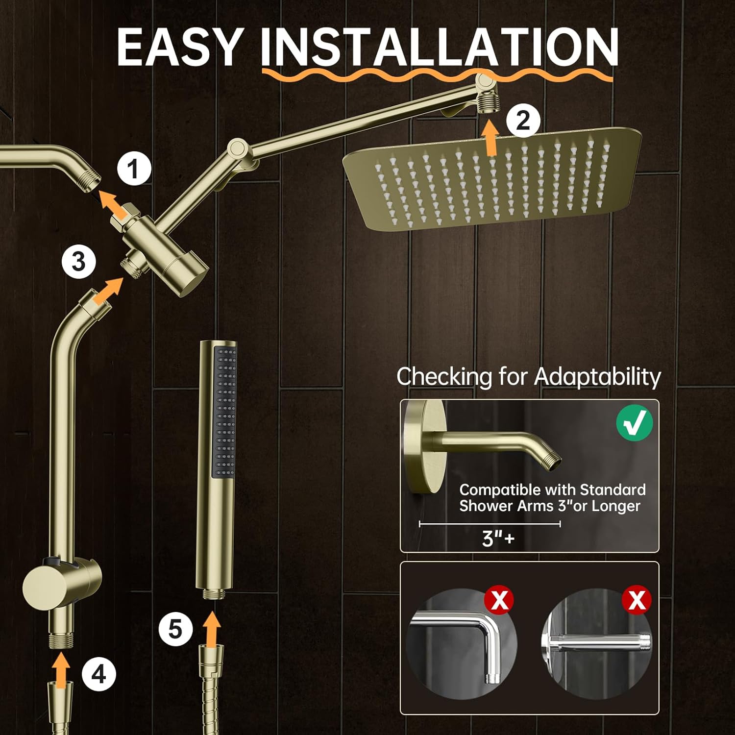Veken All Metal 10" Brushed Gold Shower Head with Handheld, Luxurious Square Double Rain Shower Heads with Spray Combo, Dual High Pressure Detachable Rainfall Showerhead with Extension Arm, Long Hose