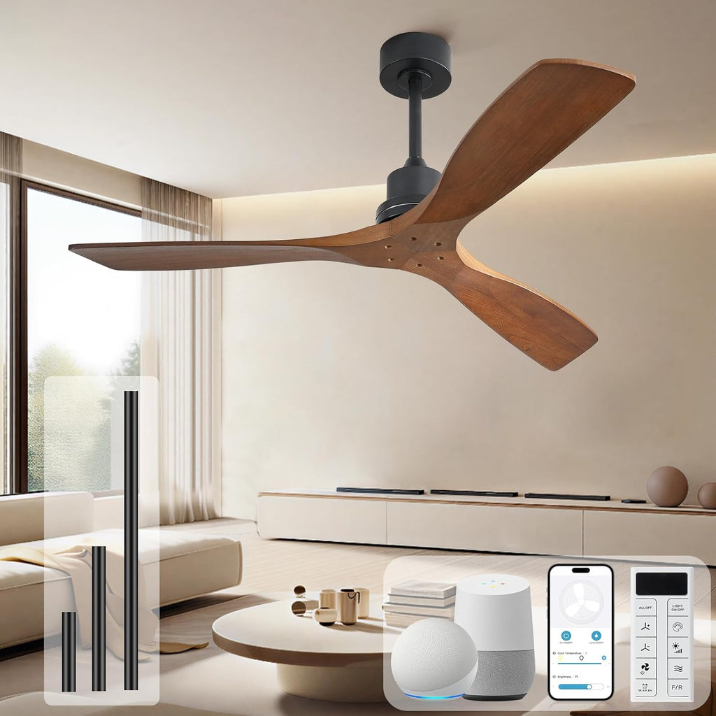 Sofucor Smart Ceiling Fan no Lights, 52" Low Profile Ceiling Fans with Remote, Compatible with Alexa/Google/App, 6-Speed Timing Reversible DC Motor for Bedroom Living Room Patio Indoor Outdoor