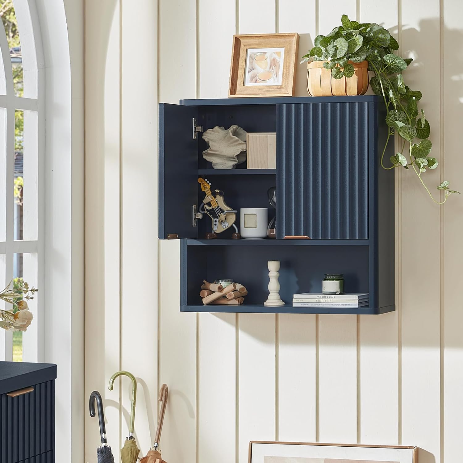 LEYAOYAO Fluted Over The Toilet Storage Cabinet & Bathroom Wall Cabinet Set of 2, Farmhouse Above Toilet Organizer, Medicine Cabinet w/Adjustable Shelf & Doors for Laundry Living Room Kitchen(Blue)