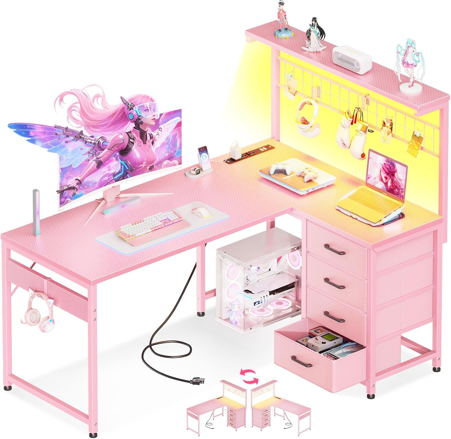 MOTPK L Shaped Gaming Desk with Drawers & LED Light & Power Outlet, 43" Reversible Computer Table with Shelves & Hooks for Home Office, Carbon Fiber Pink