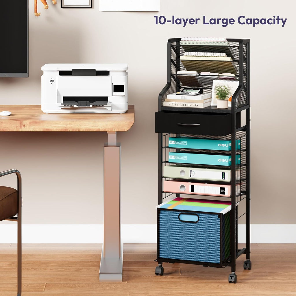 SWTYMIKI 10-Tier Rolling File Cart - Mesh Paper Organizer with Drawer and Hanging File Folders on Lockable Wheels, Rolling File Cabinet for Office Organization, Storage in Home, Studio, School, Black