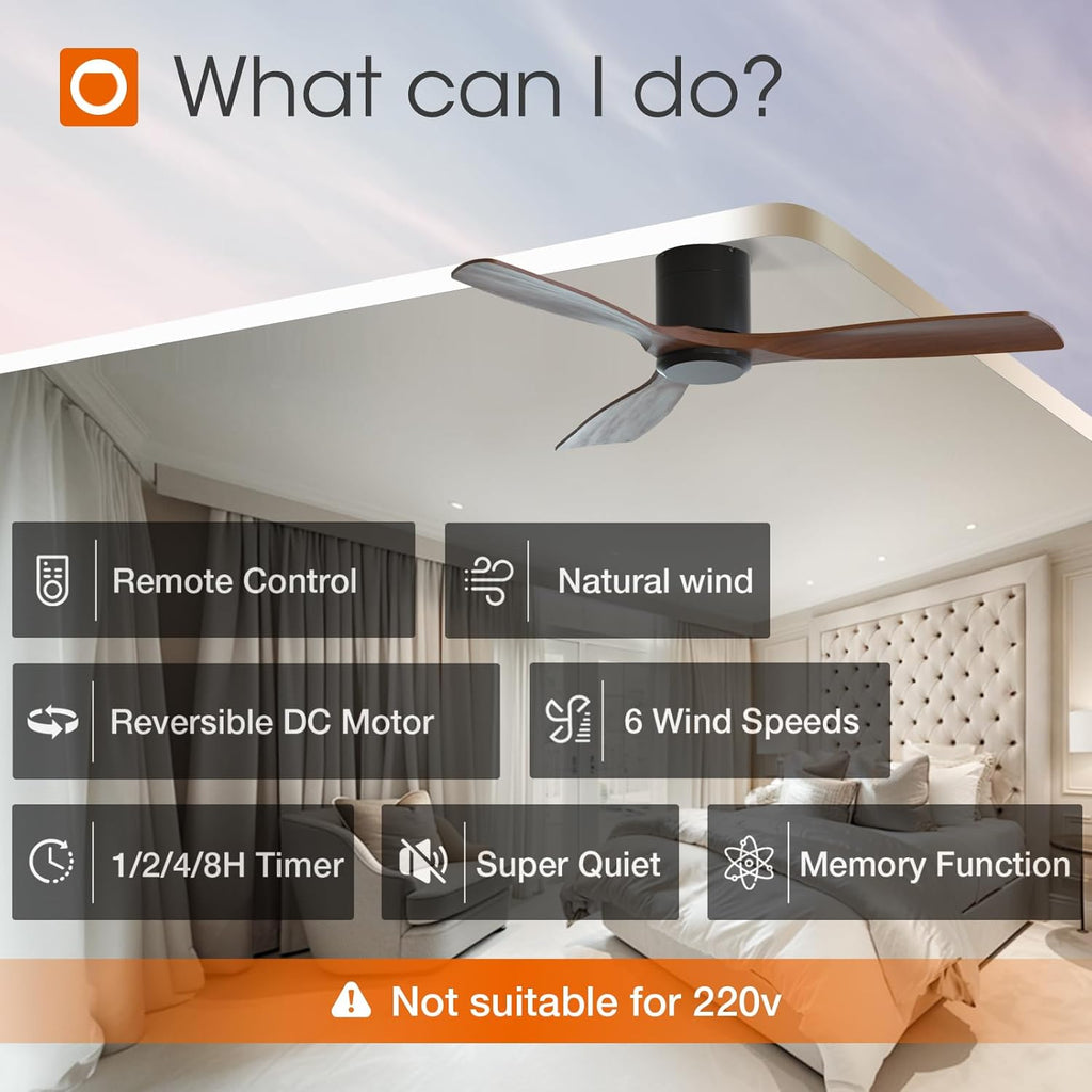 addlon 52 inch Ceiling Fans No Lights, Low Profile Ceiling Fan with Remote Control, Flush Mount, Reversible, 3 Wood Blades, 6 Speeds, Noiseless, Black Walnut Ceiling Fan for Indoor/Outdoor Use