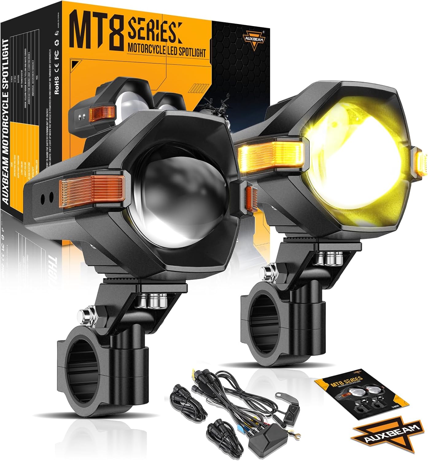 Auxbeam Motorcycle LED Fog Lights Auxiliary Lights Driving Light Spotlights 8 Modes White/Amber Dual Color Strobe Switchback 3 Inch 120W LED Offroad Work Light for Motorcycle ATV UTV Trucks - 2Pcs