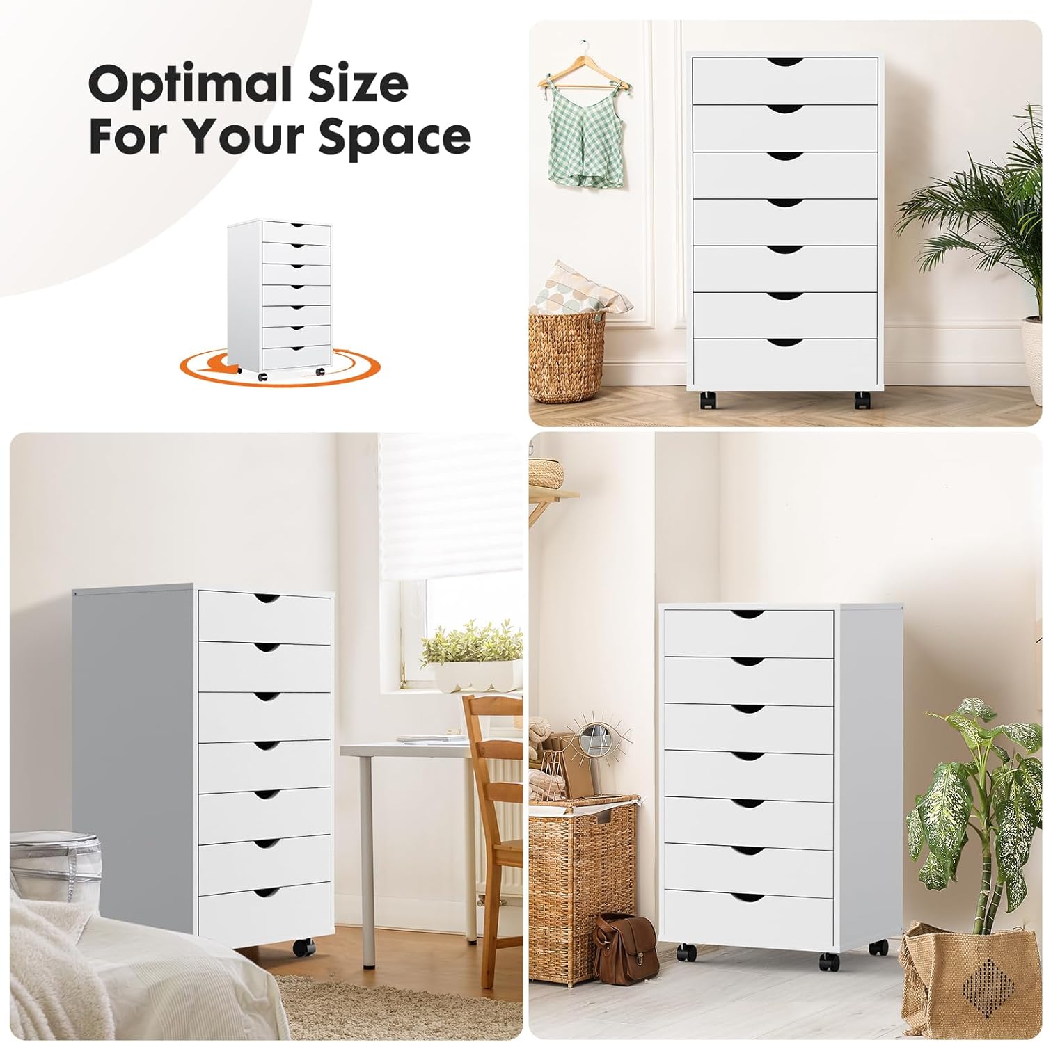 OLIXIS 7 Drawer File Cabinet, Mobile Filing Cabinet Under Desk Storage Organization with Wheels, Vertical Filing Chest Rolling Wood Small Desk Printer Stand for Home Office, White