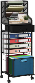 SWTYMIKI 10-Tier Rolling File Cart - Mesh Paper Organizer with Drawer and Hanging File Folders on Lockable Wheels, Rolling File Cabinet for Office Organization, Storage in Home, Studio, School, Black