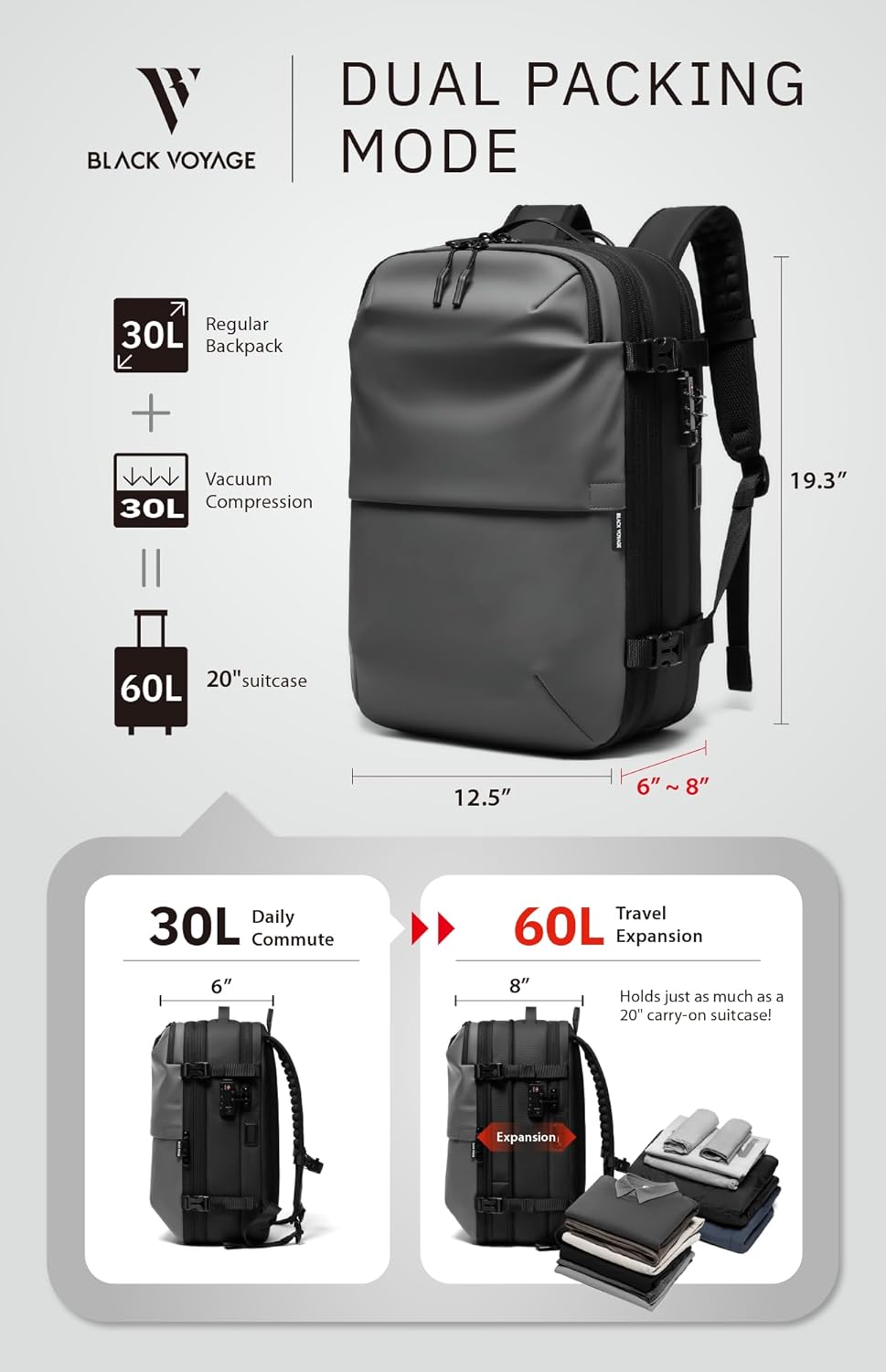 BlackVoyage Vortex Vacuum Seal Travel Backpack 60L Expandable Air Compression System Water Resistant TSA Lock Carry-On Suitcase Luggage Gray AERO - Vacuum Pump Included