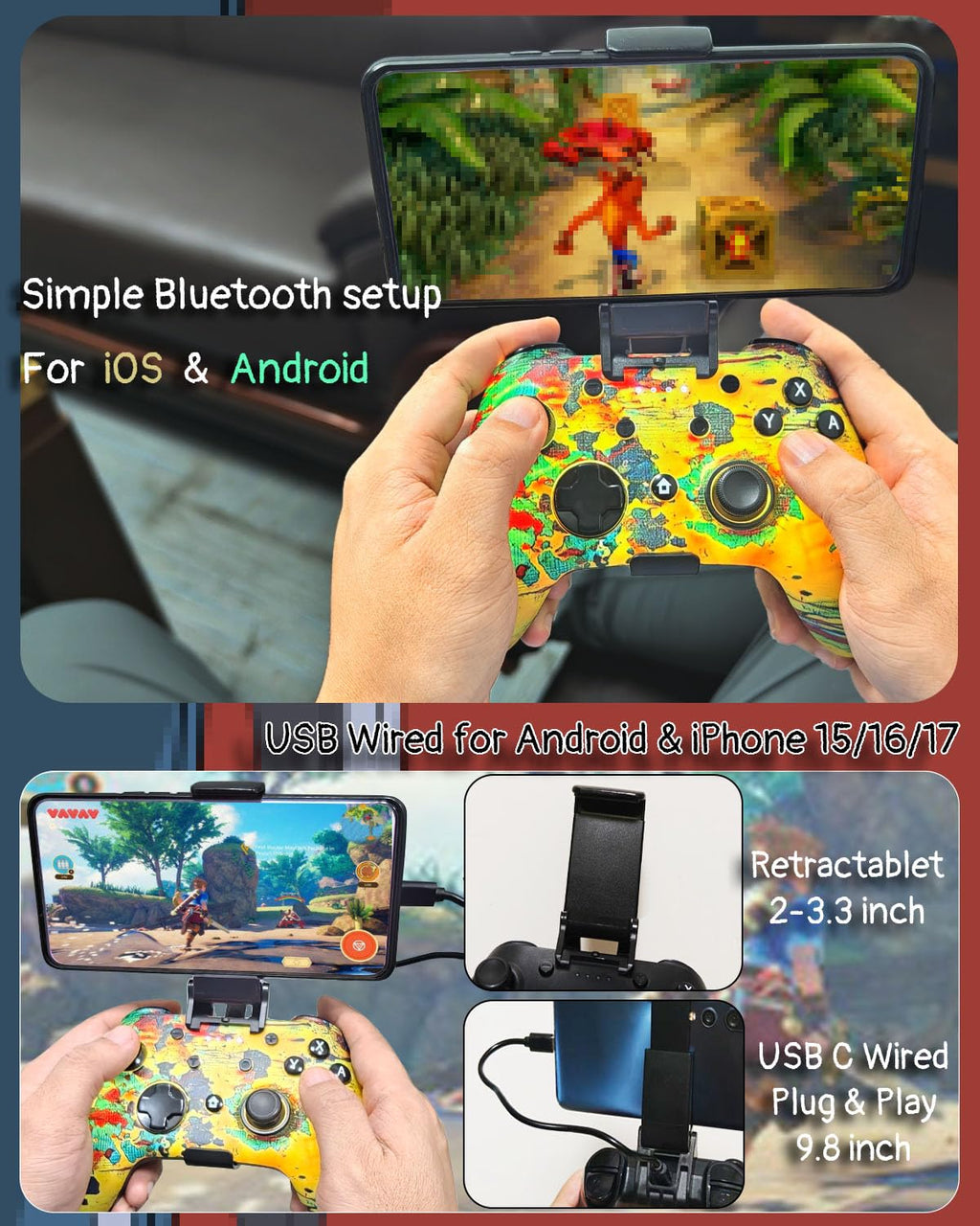 Wzuiсov RGB Wireless Game Controller for Switch/PC/iPhone/Android - Bluetooth & USB-C Wired with Phone Mount, USB C to A Adapter, Tablet, TV Box & Tesla Compatible