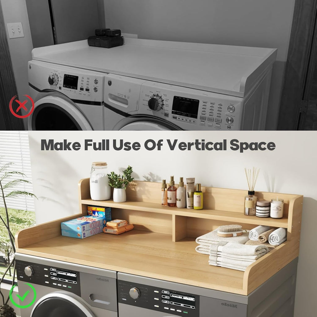 2-Tier Washer and Dryer Countertop with 2.75" H Guard,54" W x 27.5" D Laundry Countertop Cover with Non-Slip Pad,Large Space Laundry Topper for Folding Clothes Over Washer-Pure Wood Color