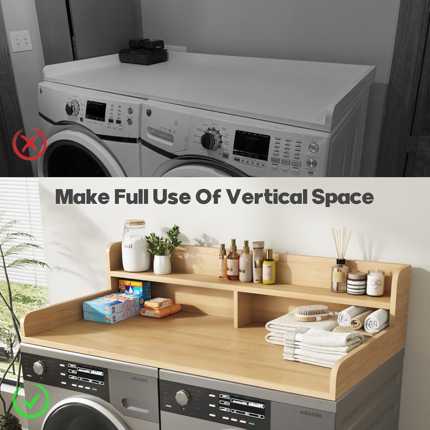 2-Tier Washer and Dryer Countertop with 2.75" H Guard,54" W x 27.5" D Laundry Countertop Cover with Non-Slip Pad,Large Space Laundry Topper for Folding Clothes Over Washer-Pure Wood Color
