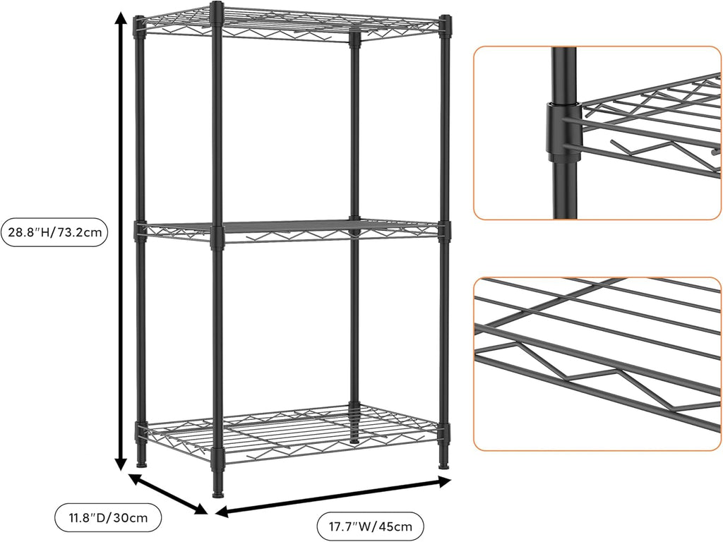 M MZG 3 Tiers Shelf Metal Storage Shelves Wire Rack Closet Organizers with Wheel for Garage Kitchen Bathroom Laundry Black 11.8" D x 17.7" W x 28.8" H