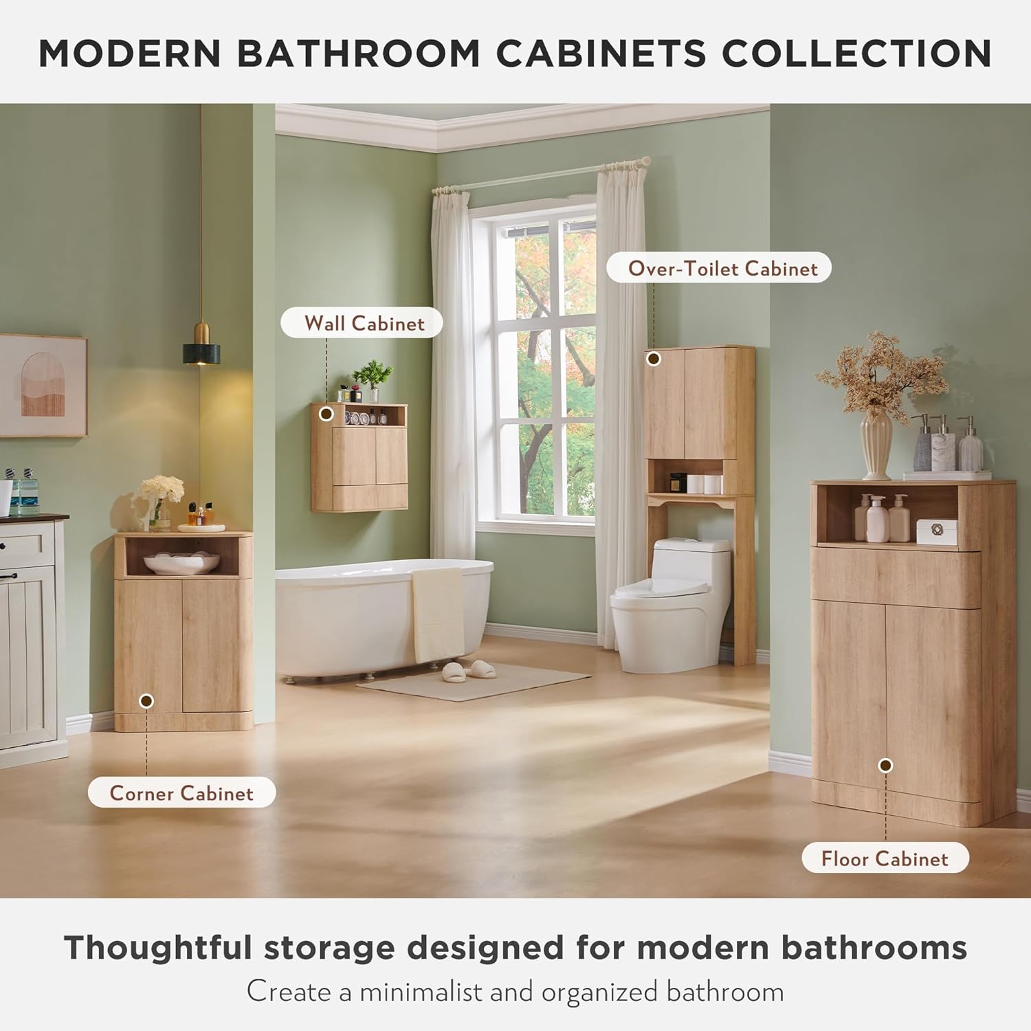 JXQTLINGMU Modern Over The Toilet Storage Cabinet, 67 Inch Tall Wooden Bathroom Cabinet with Adjustable Shelf & Handle-Less Double Doors, Natural Oak